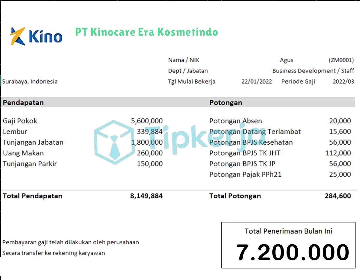 Slip Gaji PT Kinocare Era Kosmetindo