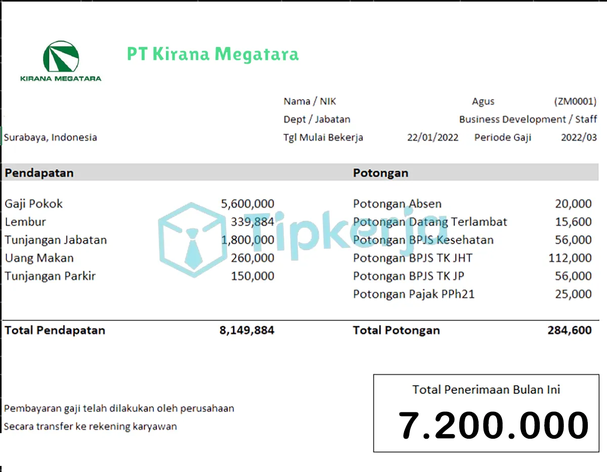 Slip Gaji PT Kirana Megatara