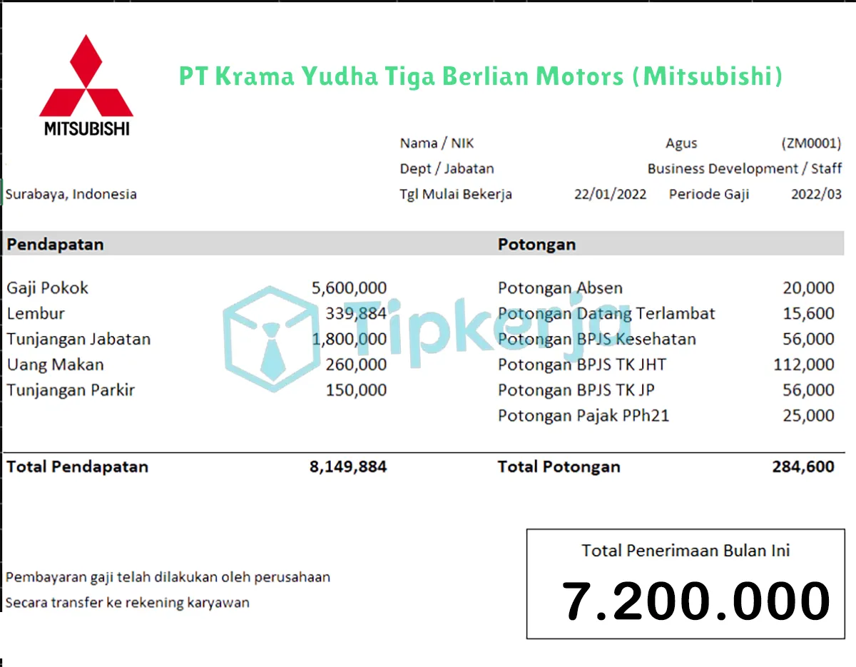 Slip Gaji PT Krama Yudha Tiga Berlian Motors (Mitsubishi)