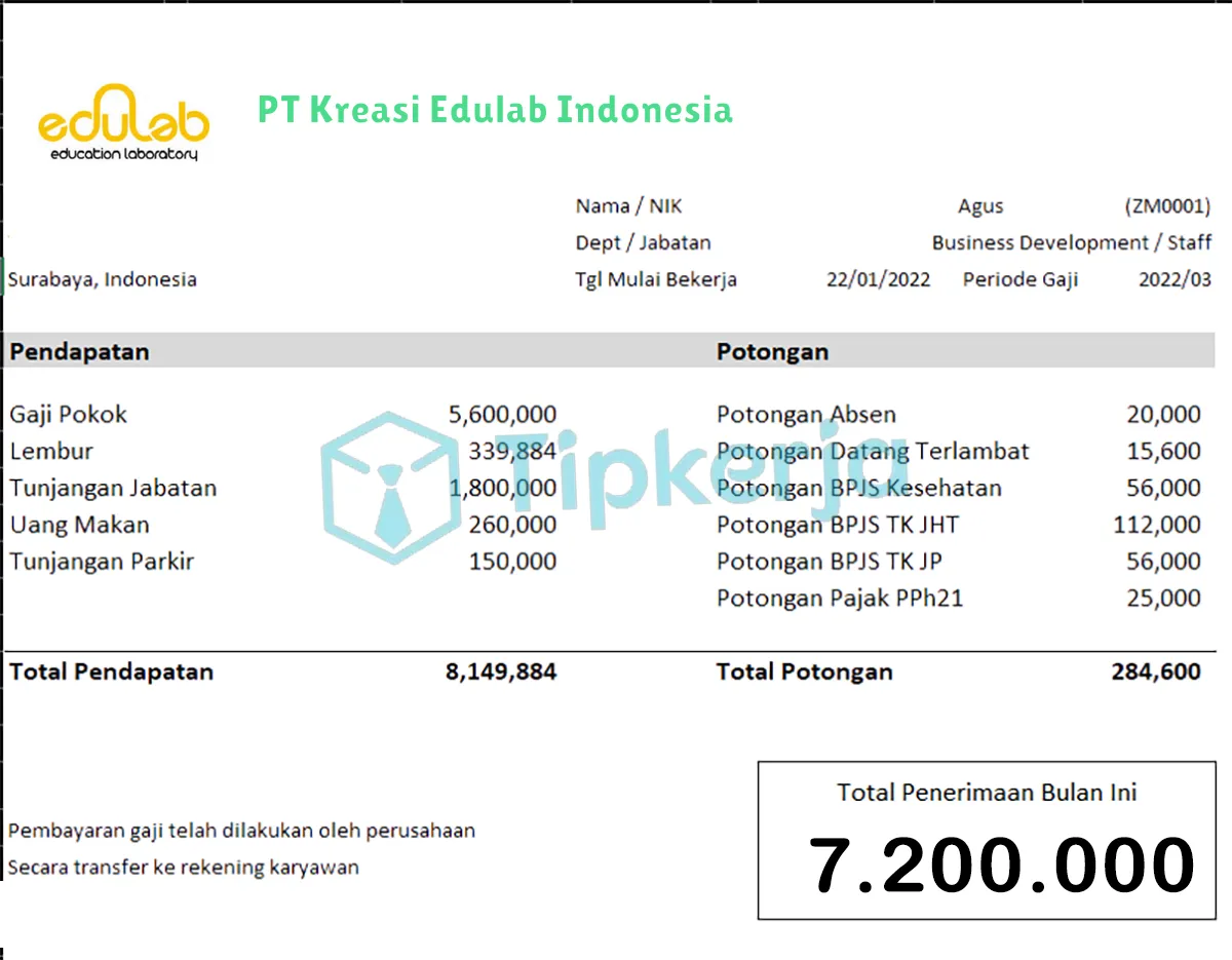 Slip Gaji PT Kreasi Edulab Indonesia