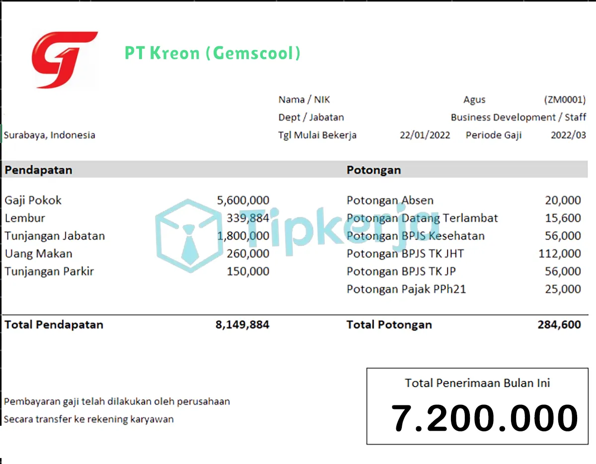 Slip Gaji PT Kreon (Gemscool)