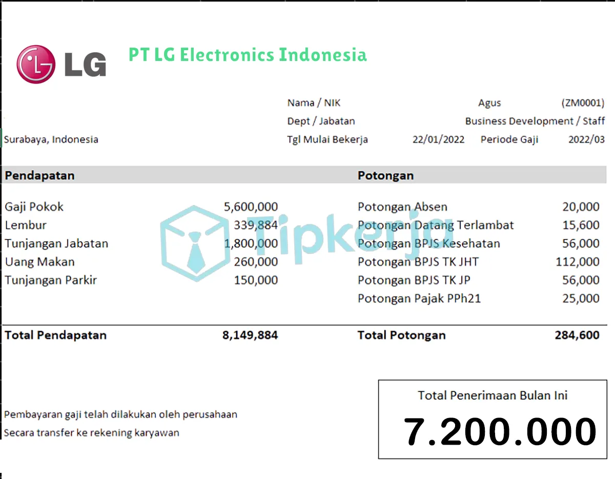 Slip Gaji PT LG Electronics Indonesia