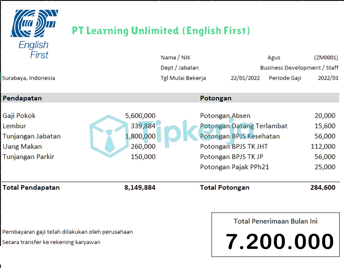 Slip Gaji PT Learning Unlimited (English First)