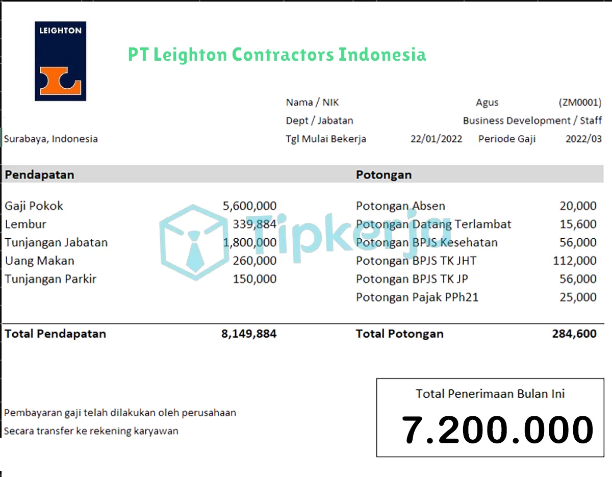 Slip Gaji PT Leighton Contractors Indonesia