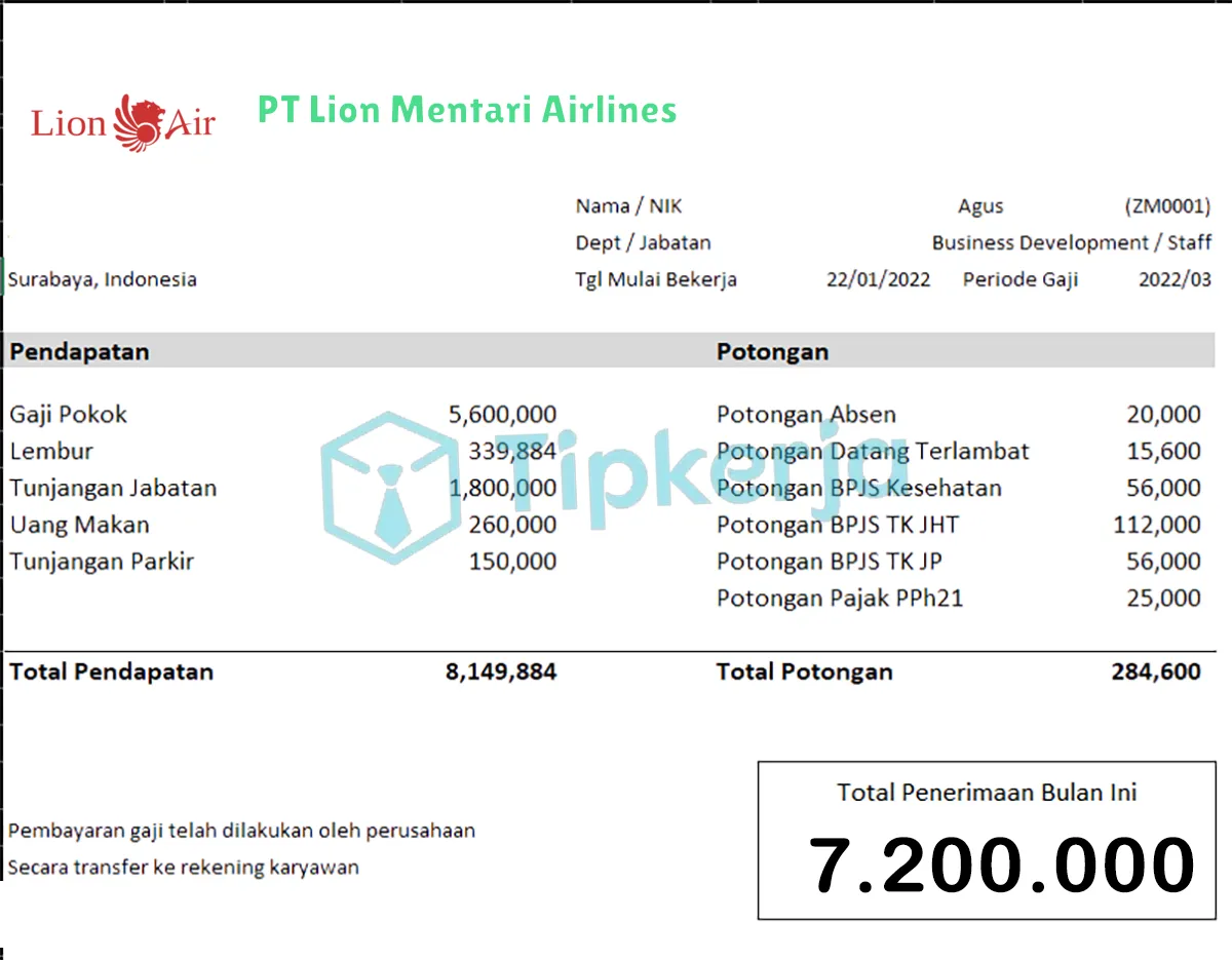 Slip Gaji PT Lion Mentari Airlines