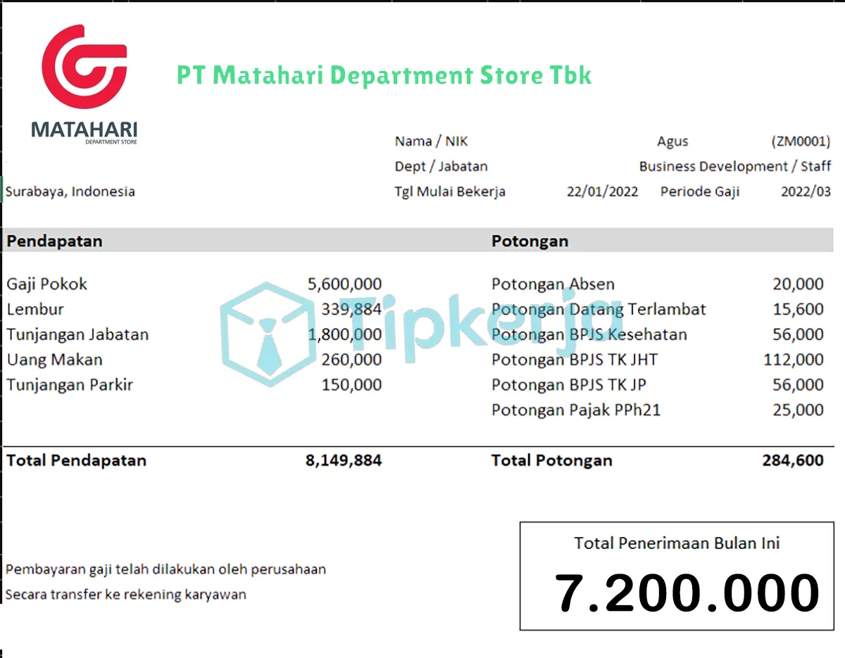 Slip Gaji PT Matahari Department Store Tbk