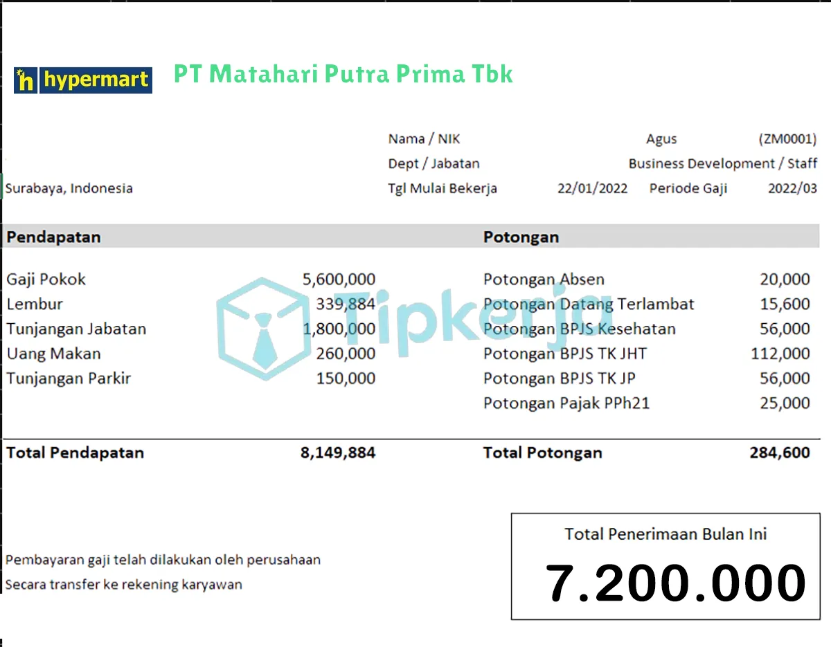 Slip Gaji PT Matahari Putra Prima Tbk