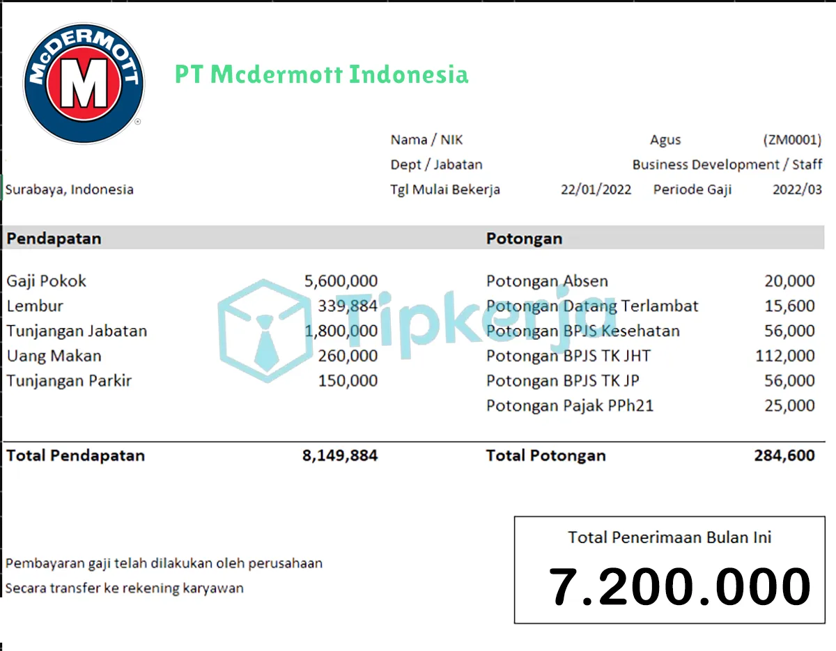 Slip Gaji PT Mcdermott Indonesia