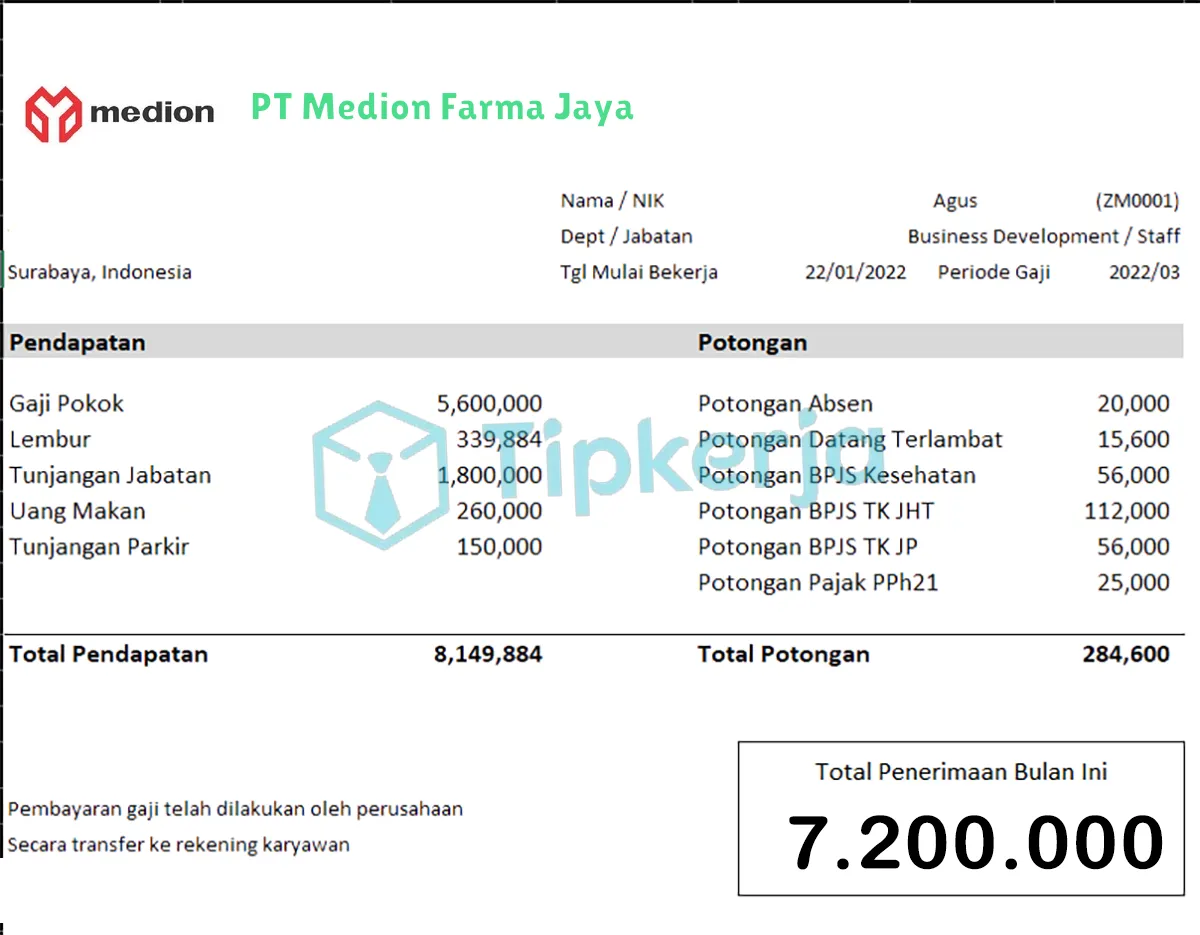 Slip Gaji PT Medion Farma Jaya