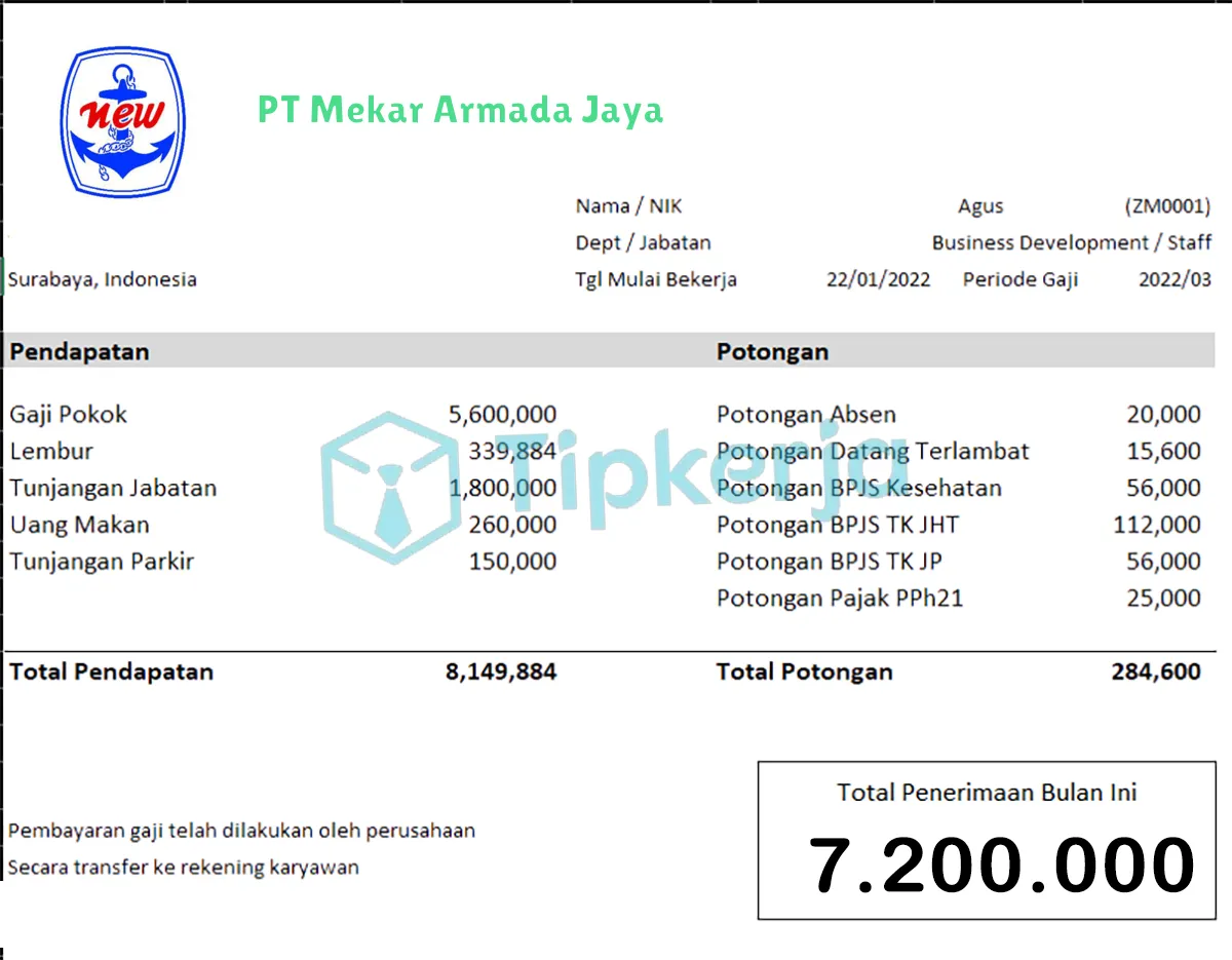 Slip Gaji PT Mekar Armada Jaya