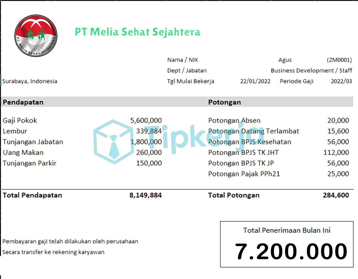 Slip Gaji PT Melia Sehat Sejahtera