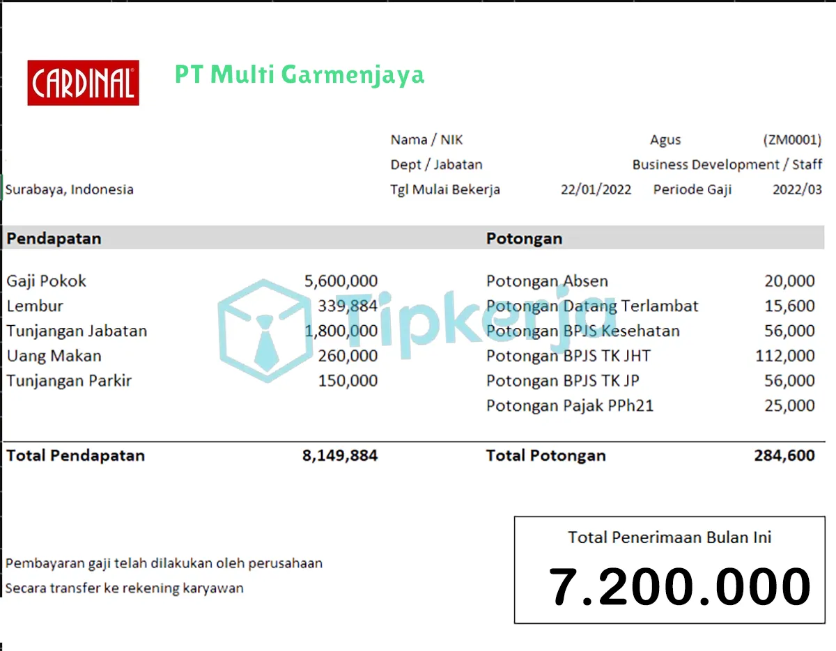 Slip Gaji PT Multi Garmenjaya