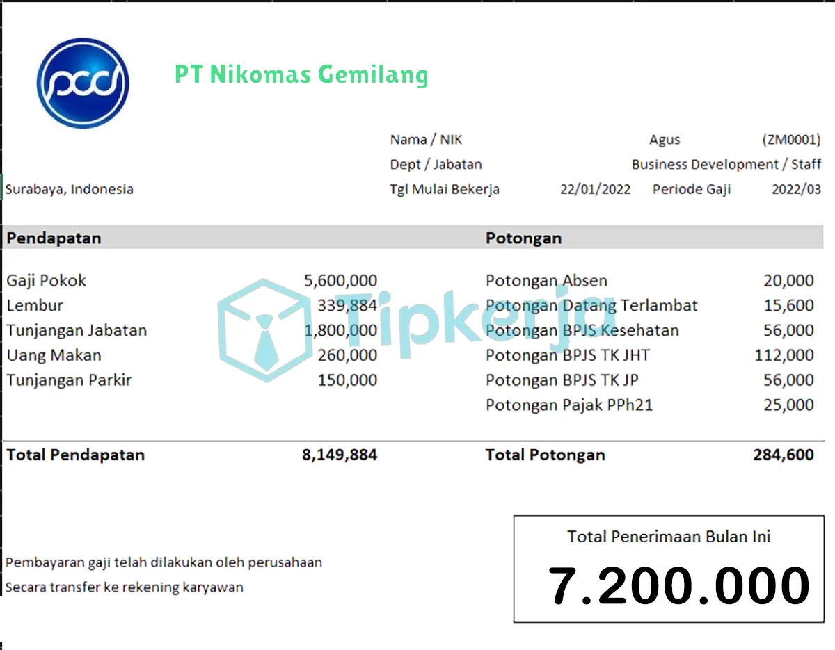 Slip Gaji PT Nikomas Gemilang