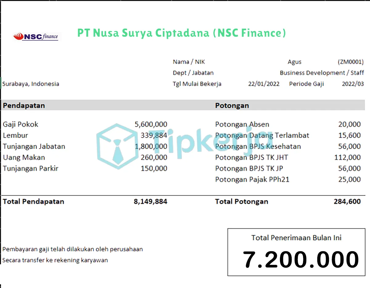 Slip Gaji PT Nusa Surya Ciptadana (NSC Finance)