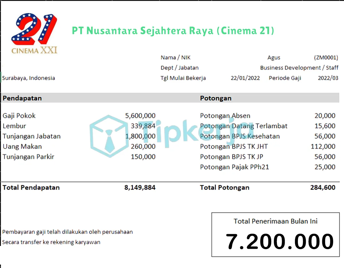 Slip Gaji PT Nusantara Sejahtera Raya (Cinema 21)