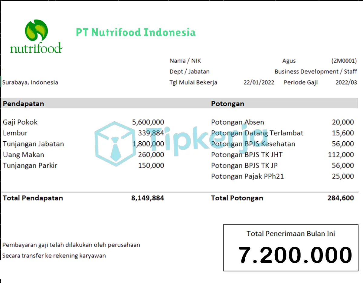 Slip Gaji PT Nutrifood Indonesia