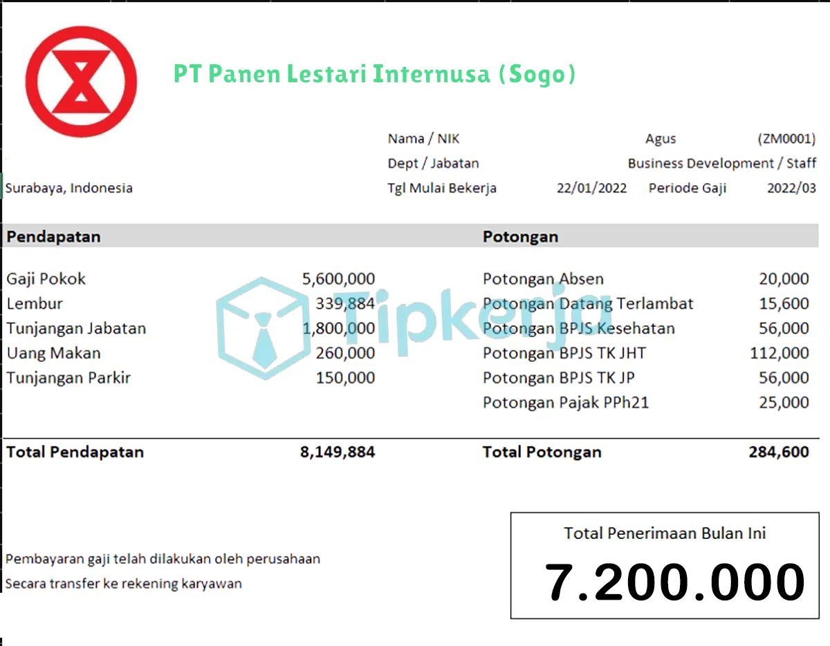 Slip Gaji PT Panen Lestari Internusa (Sogo)