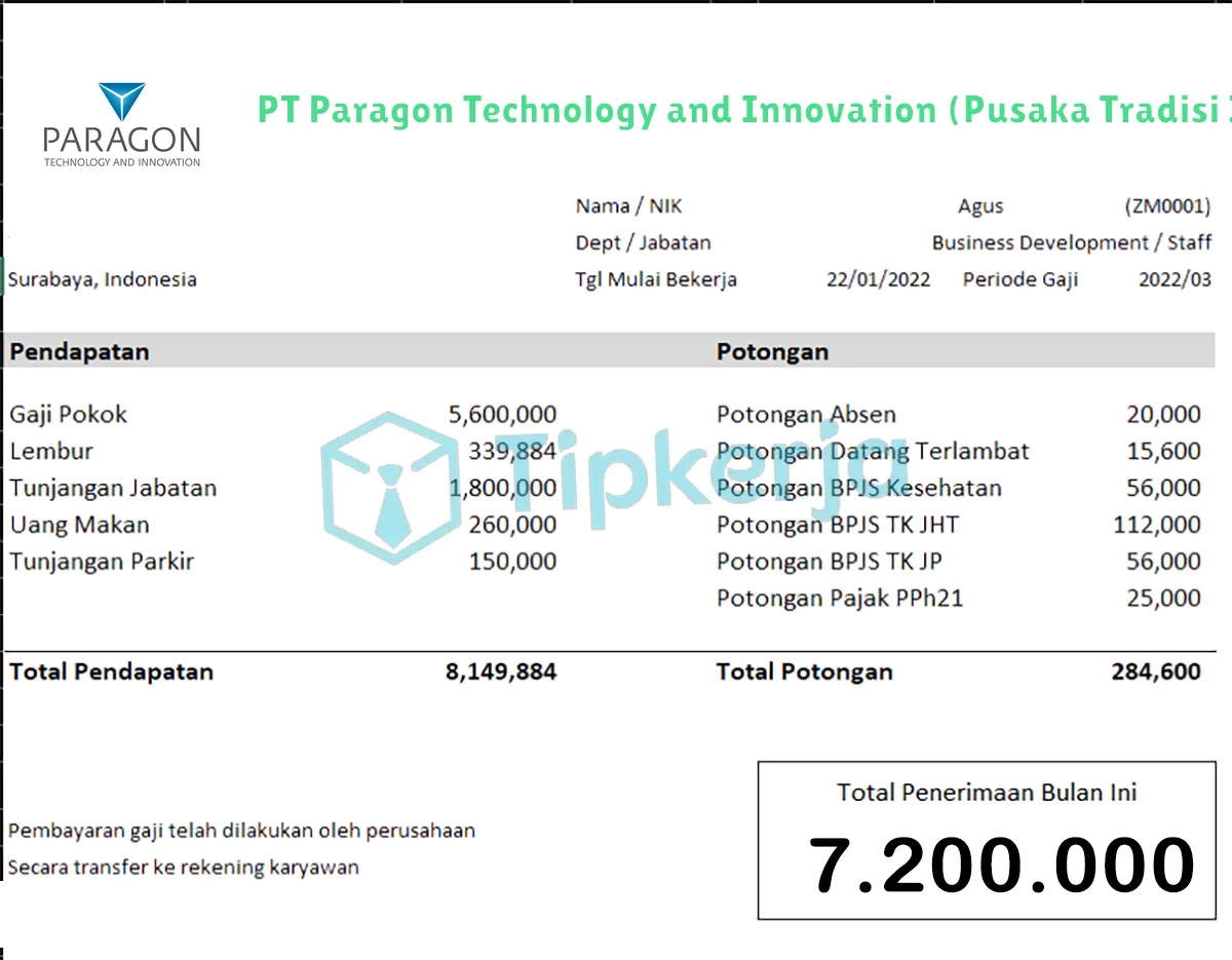 Slip Gaji PT Paragon Technology and Innovation (Pusaka Tradisi Ibu)