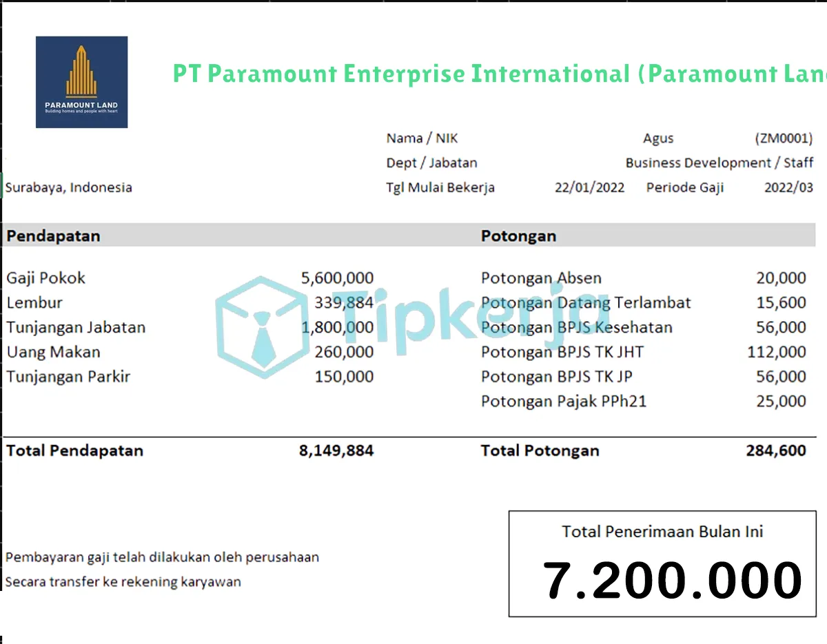 Slip Gaji PT Paramount Enterprise International (Paramount Land)