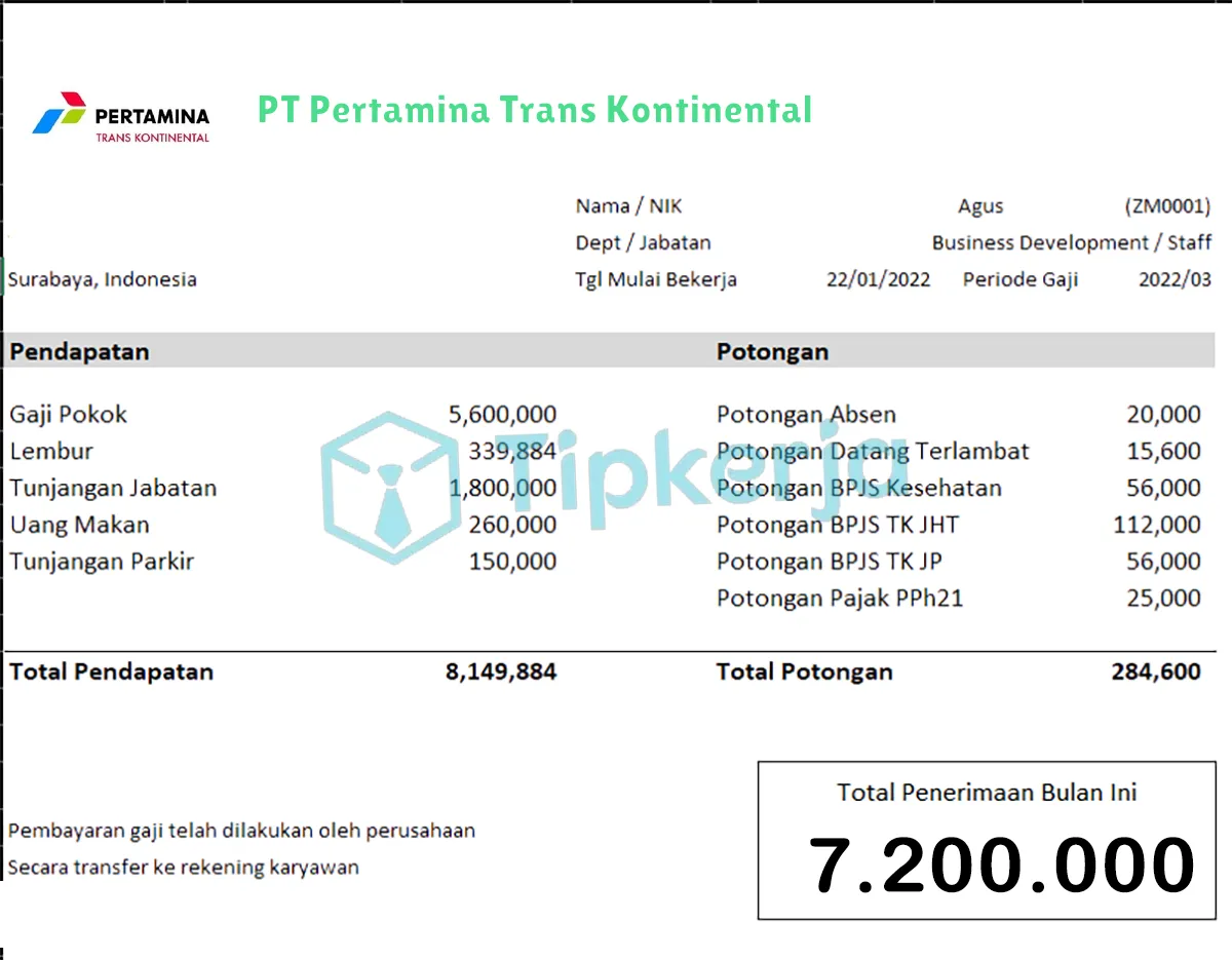 Slip Gaji PT Pertamina Trans Kontinental