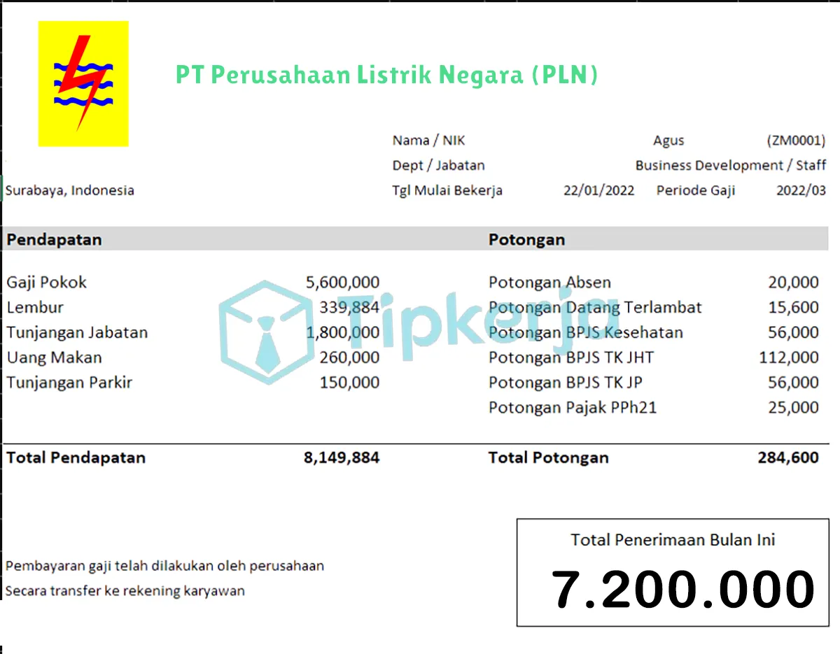 Slip Gaji PT Perusahaan Listrik Negara (PLN)