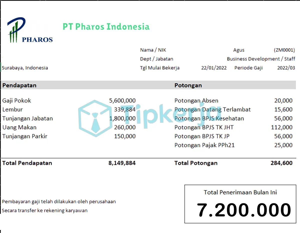 Slip Gaji PT Pharos Indonesia