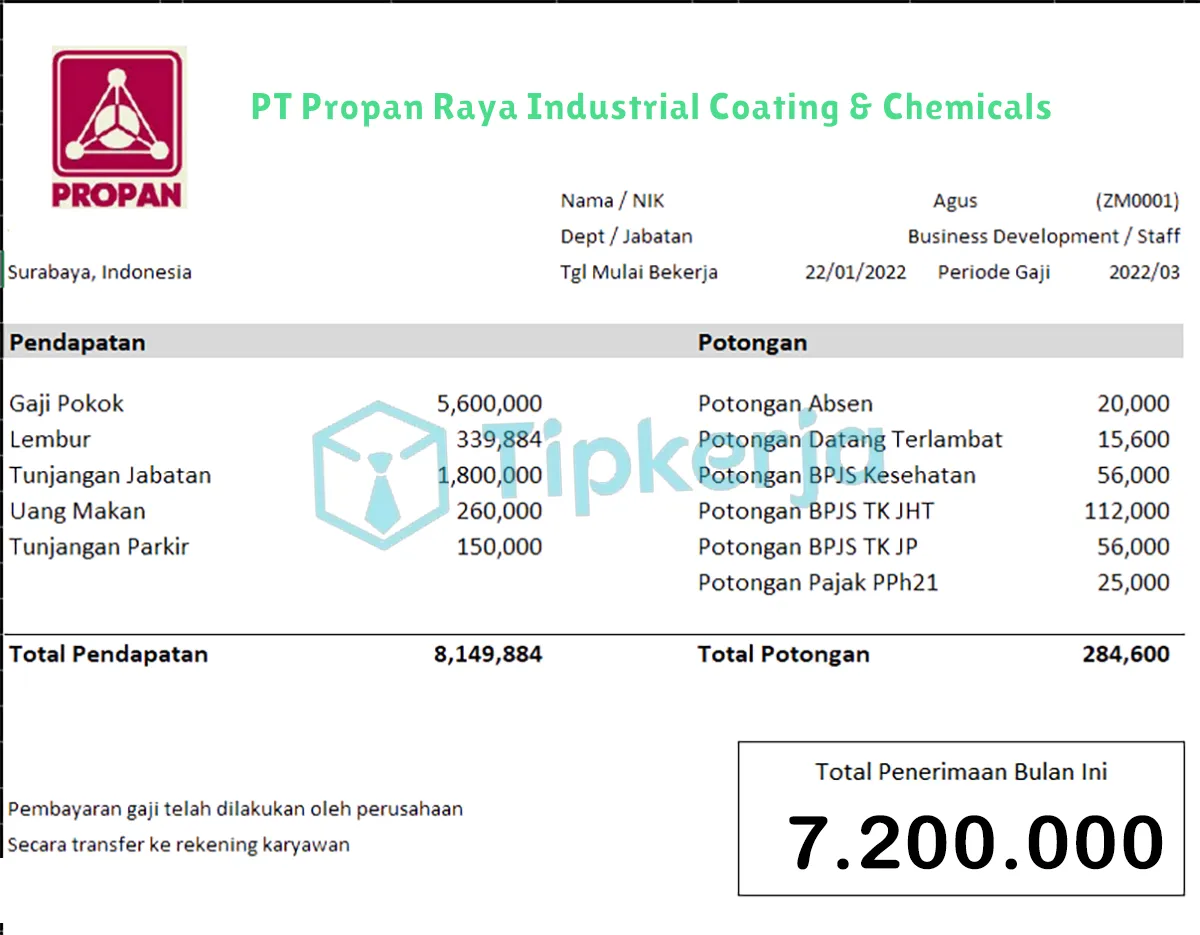 Slip Gaji PT Propan Raya Industrial Coating & Chemicals