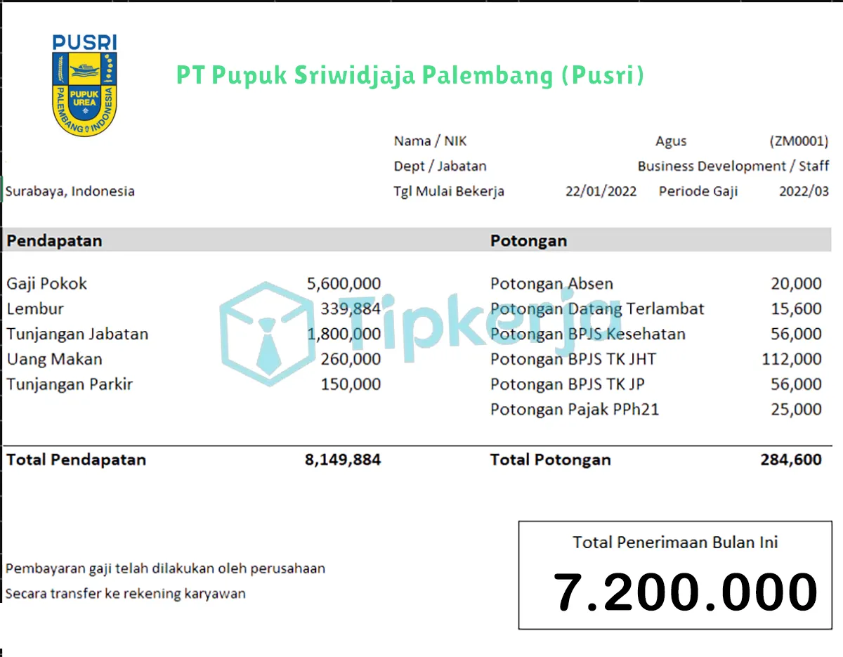 Slip Gaji PT Pupuk Sriwidjaja Palembang (Pusri)