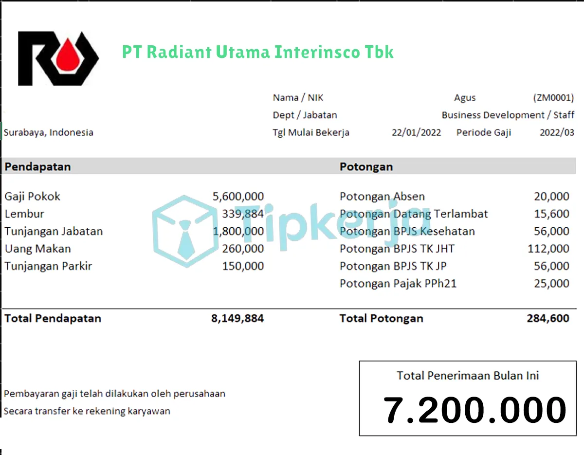 Slip Gaji PT Radiant Utama Interinsco Tbk