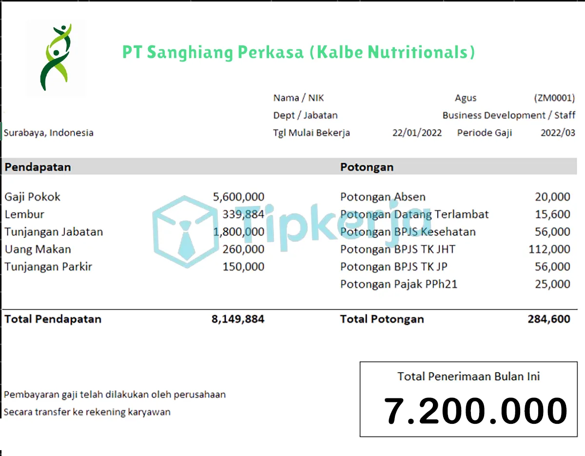 Slip Gaji PT Sanghiang Perkasa (Kalbe Nutritionals)