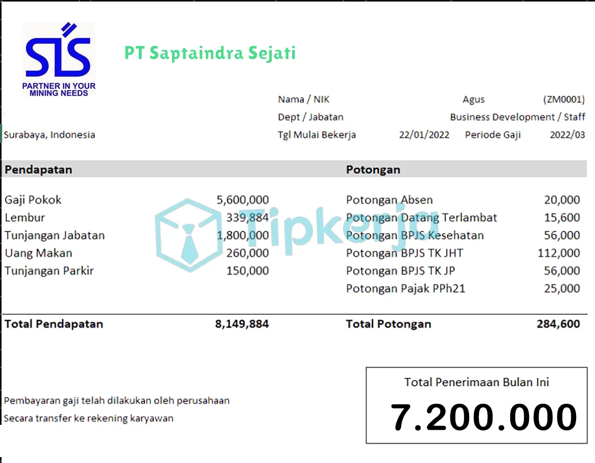 Slip Gaji PT Saptaindra Sejati