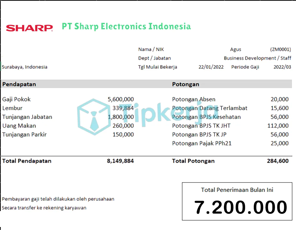 Slip Gaji PT Sharp Electronics Indonesia