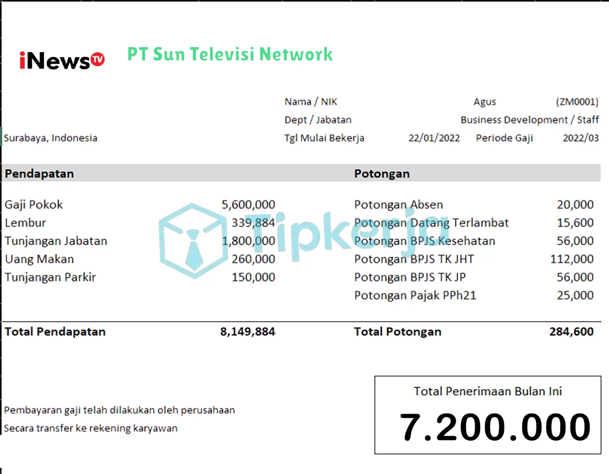 Slip Gaji PT Sun Televisi Network