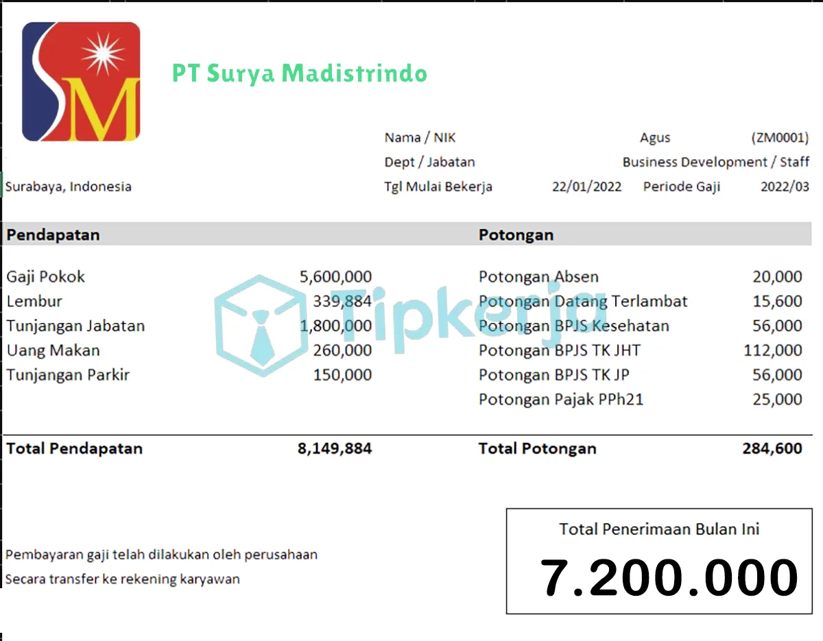 Slip Gaji PT Surya Madistrindo