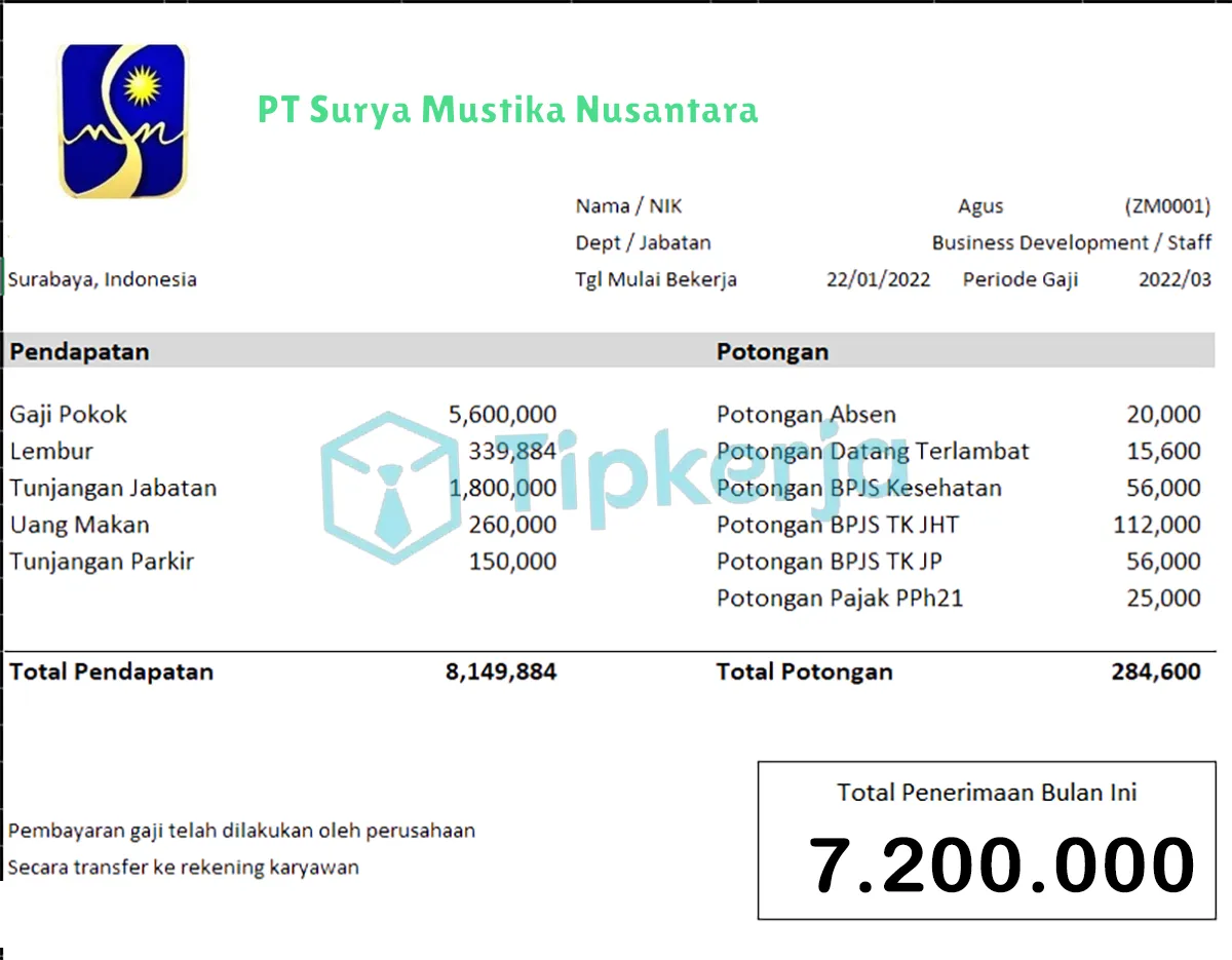 Slip Gaji PT Surya Mustika Nusantara