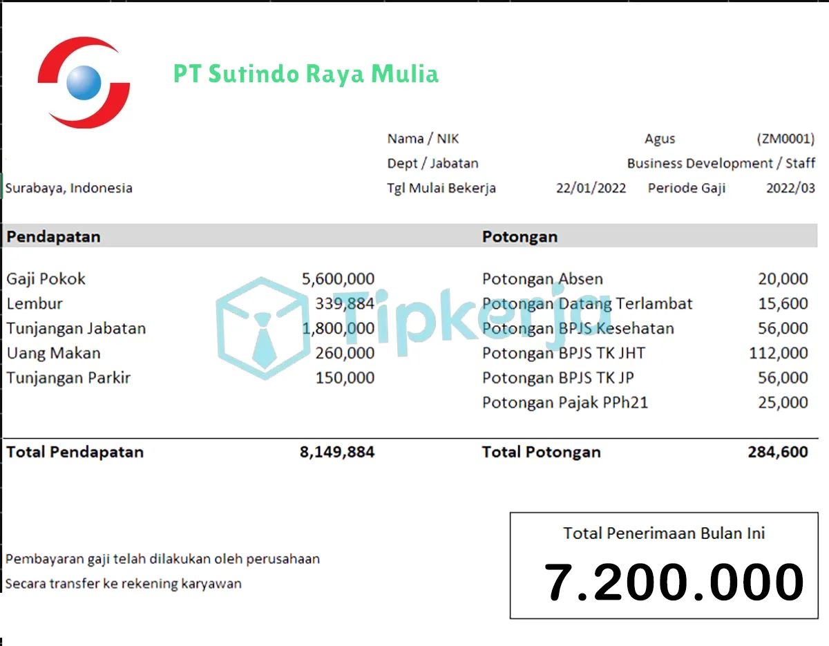 Slip Gaji PT Sutindo Raya Mulia