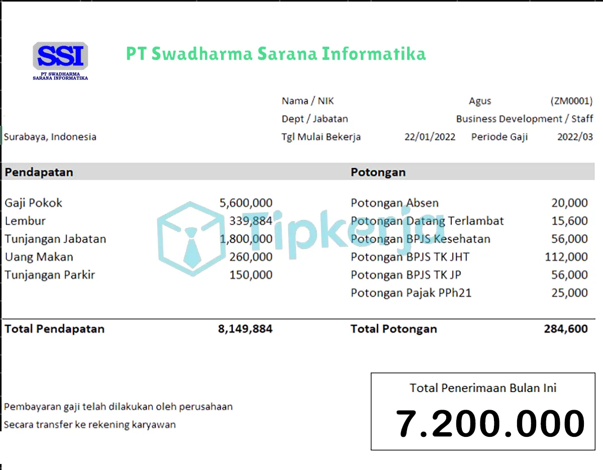 Slip Gaji PT Swadharma Sarana Informatika