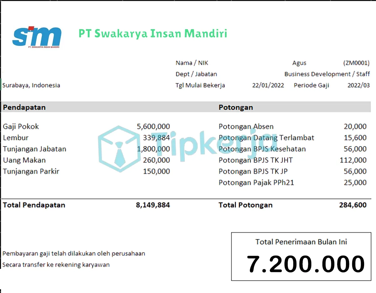 Slip Gaji PT Swakarya Insan Mandiri