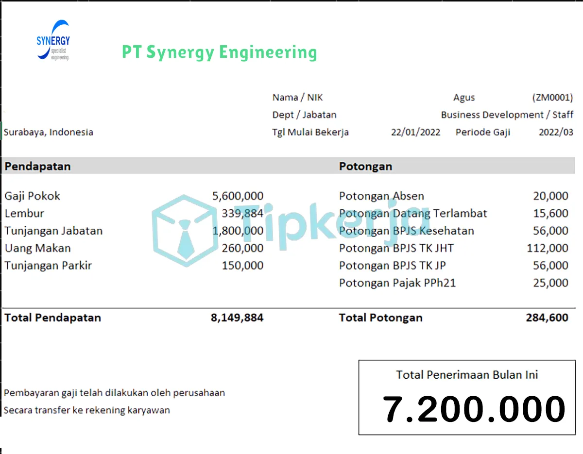 Slip Gaji PT Synergy Engineering