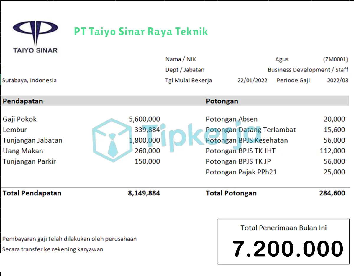 Slip Gaji PT Taiyo Sinar Raya Teknik