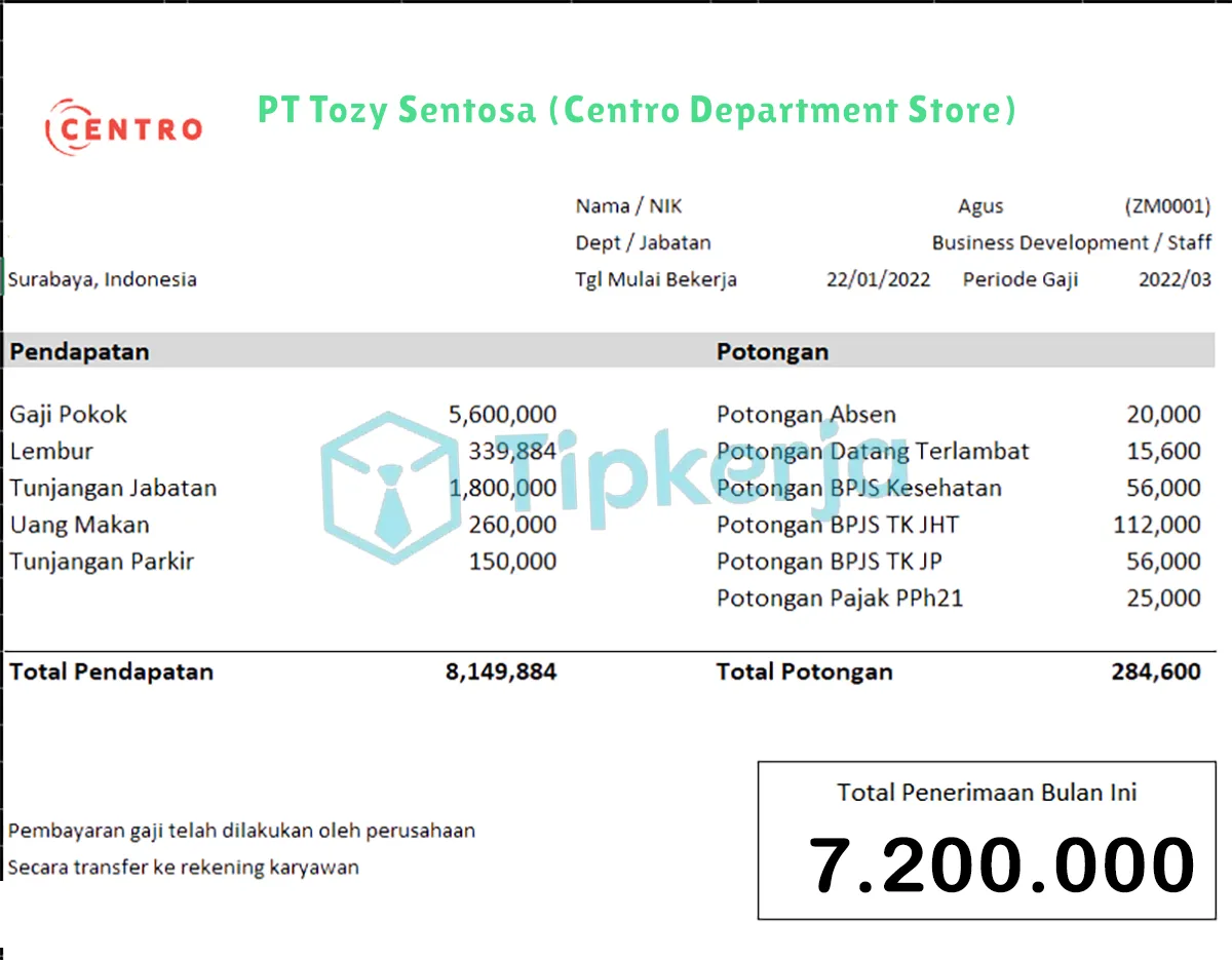 Slip Gaji PT Tozy Sentosa (Centro Department Store)