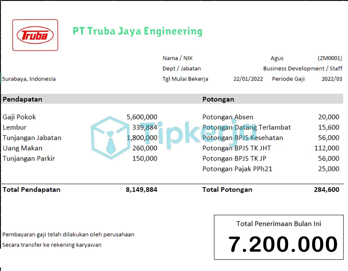 Slip Gaji PT Truba Jaya Engineering