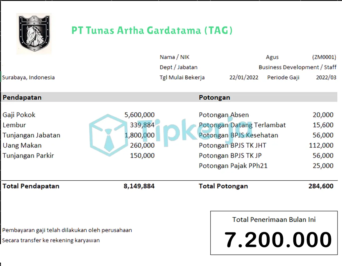 Slip Gaji PT Tunas Artha Gardatama (TAG)