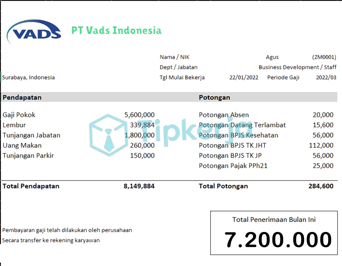 Slip Gaji PT Vads Indonesia