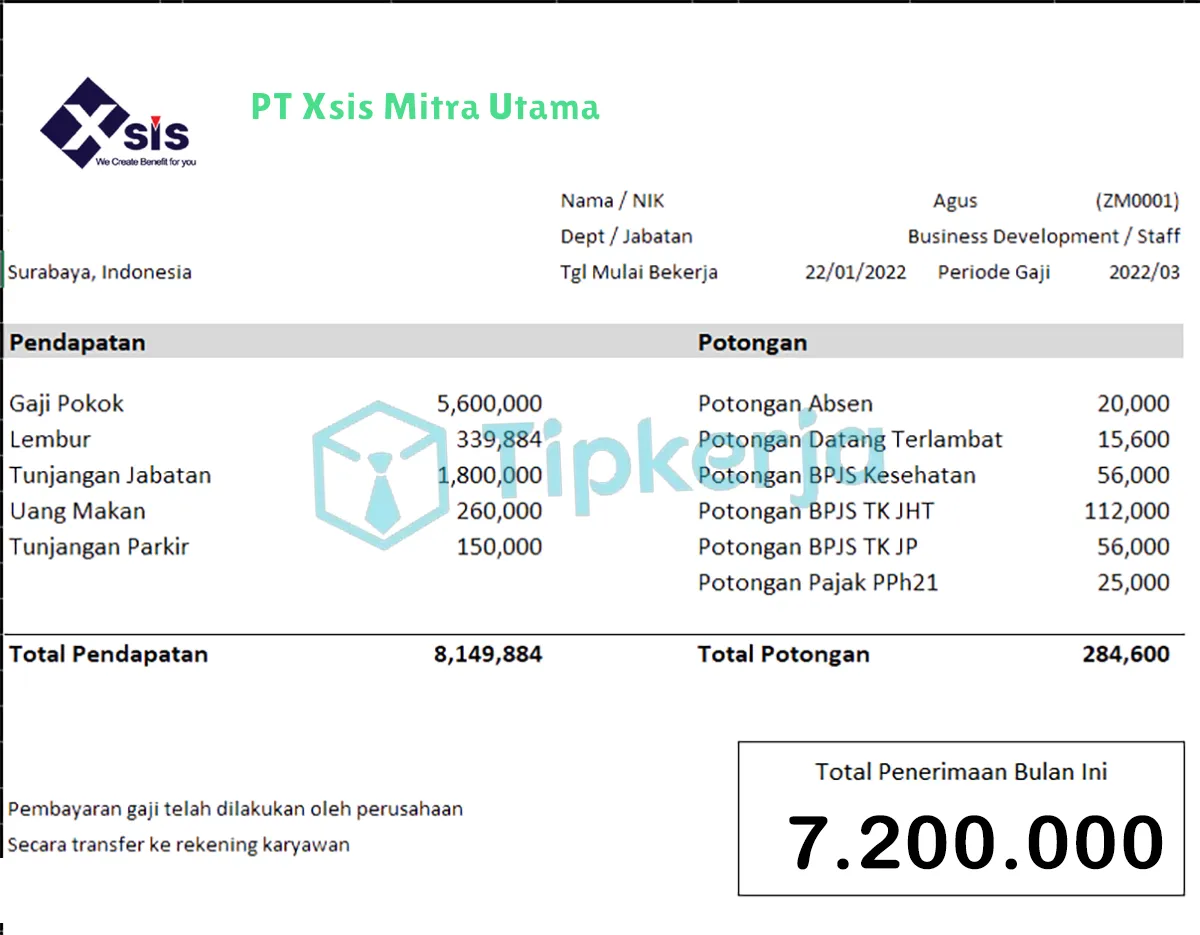 Slip Gaji PT Xsis Mitra Utama