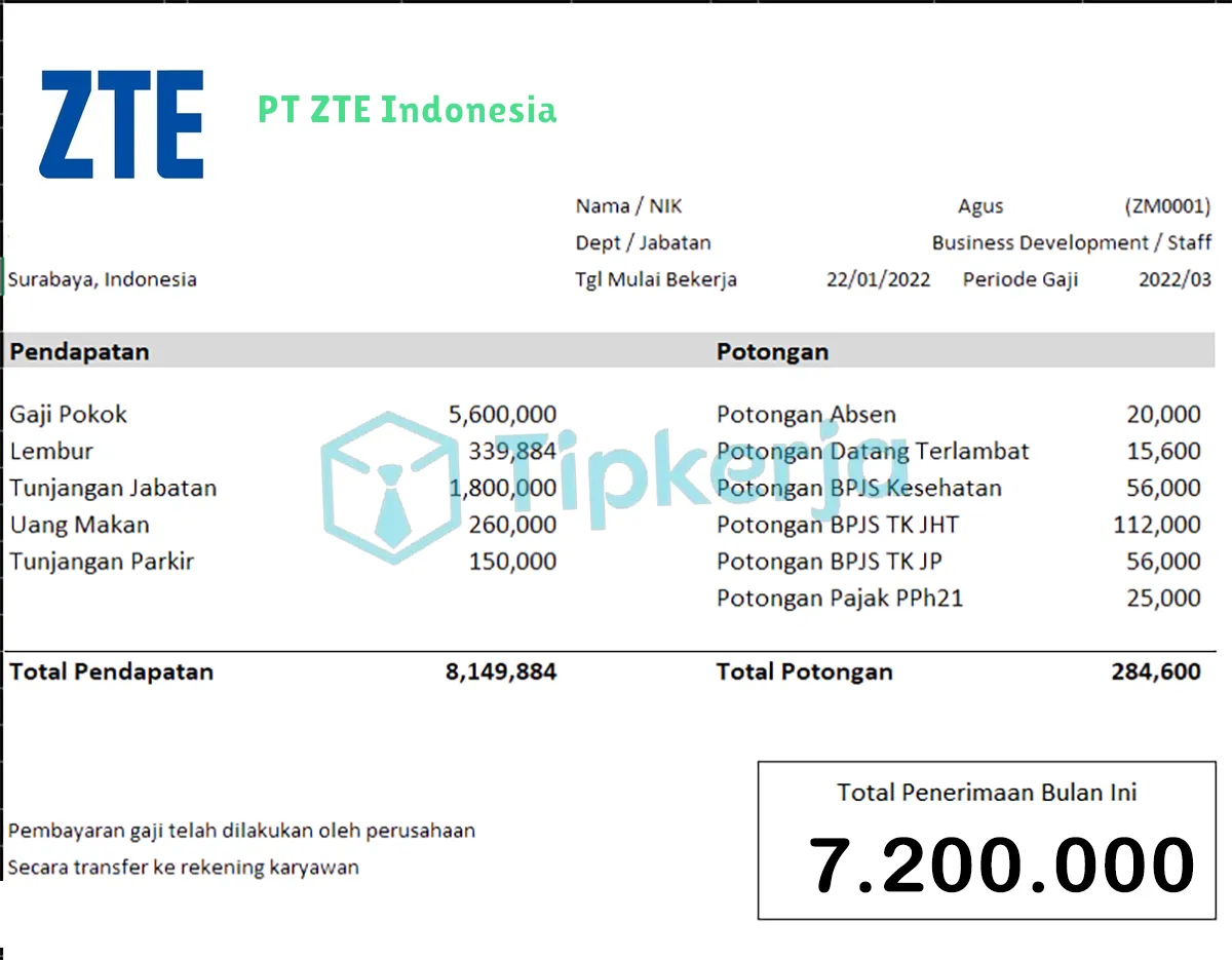 Slip Gaji PT ZTE Indonesia