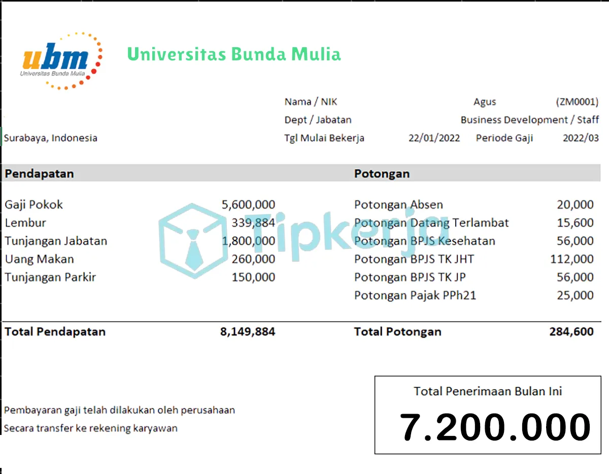 Slip Gaji Universitas Bunda Mulia