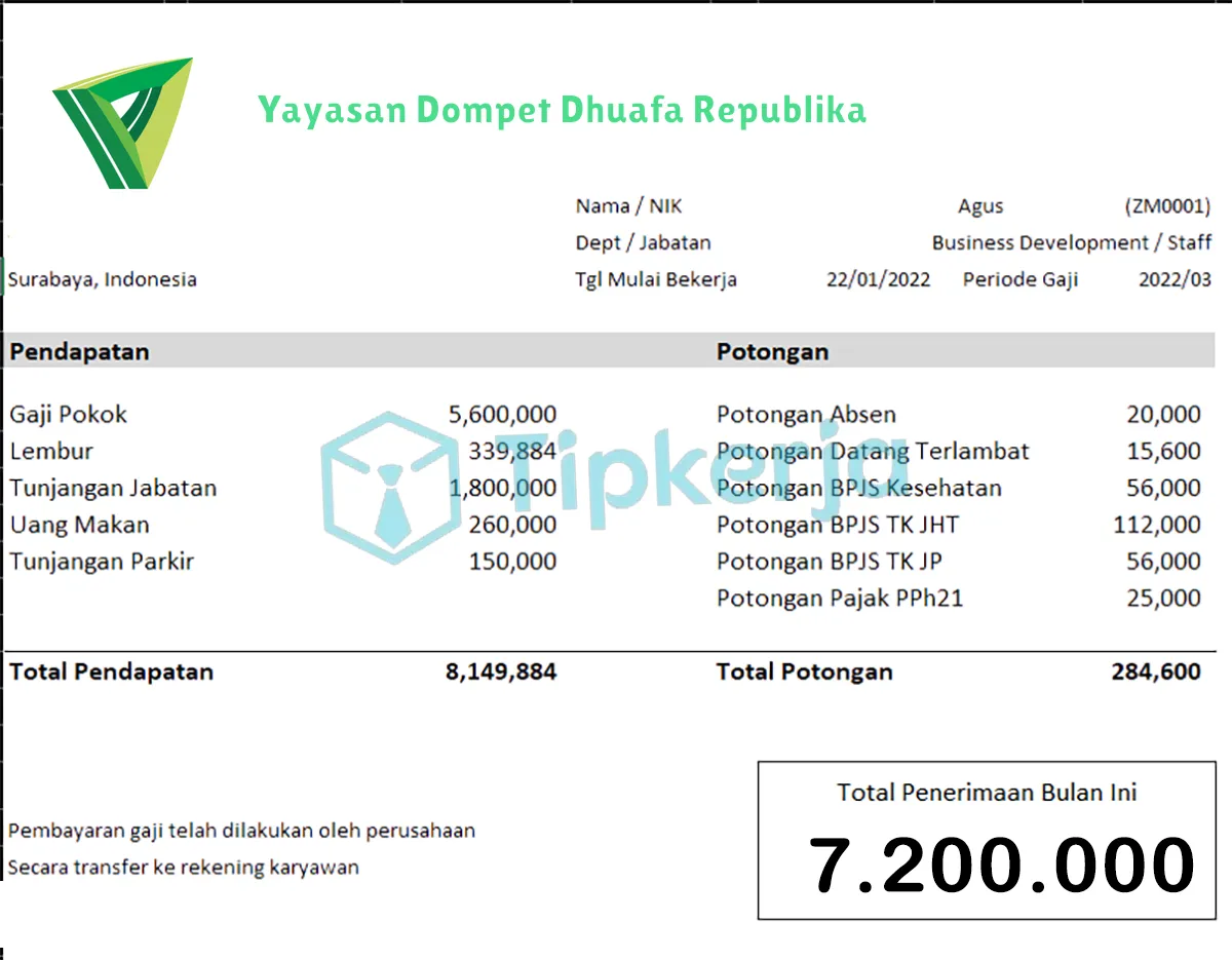 Slip Gaji Yayasan Dompet Dhuafa Republika